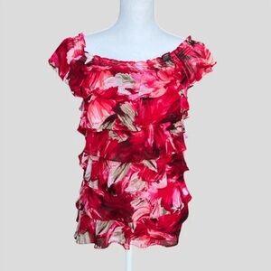 White House Black Market Rose Tiered Floral Off Shoulder Shirt Blouse Flowy M